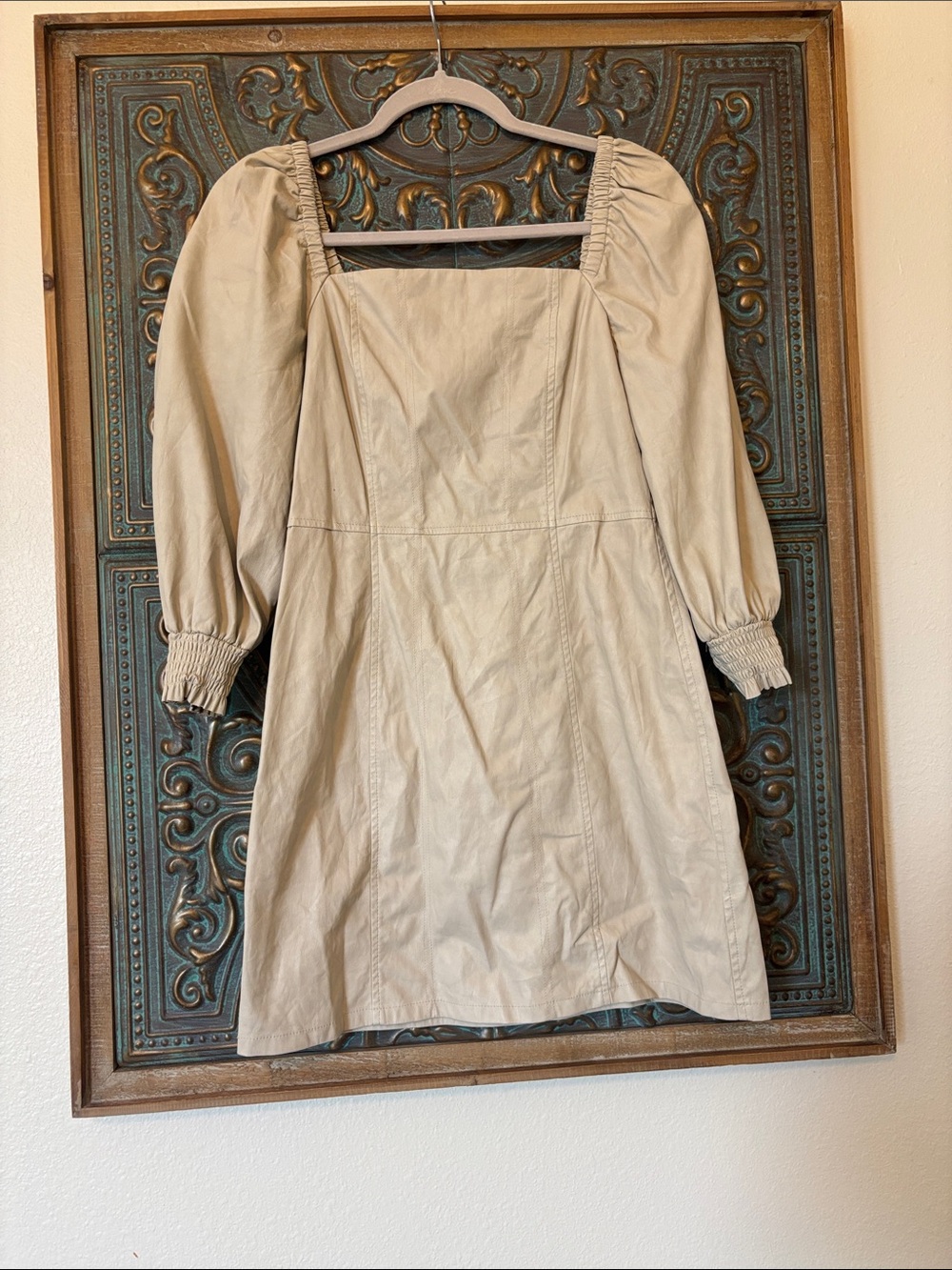 7 For All Mankind Beige Square Neck Puff Sleeve Mini Dress